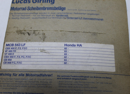 Braking pads rear Honda CB 900F Bol D Or